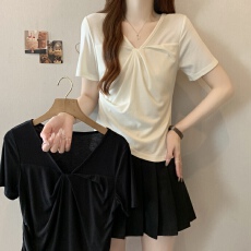 批发正肩纯色V领修身收腰短袖T恤女夏季新款时尚高级感褶皱别致上衣潮