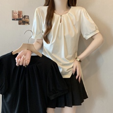 批发大码女装遮肚子简约圆领镂空别致侧边系带不规则显瘦泡泡袖上衣