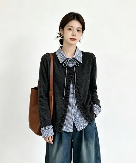 실사 빅 사이즈 패치워크 페이크 레이어드 격자 무늬 셔츠 가을 의상 2026 새로운 아름다운 자이언트 잘 생긴 긴팔 맨위 여성