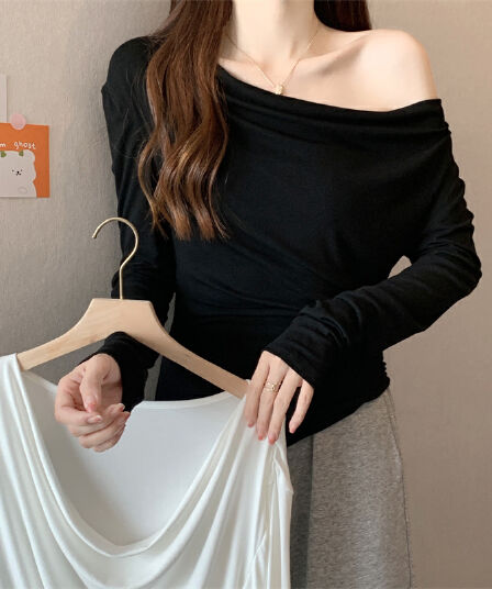 실사 가을 프랑스식 흔들다 칼라 긴팔 몸매 가꾸기 외국 가스 다용도 주름 불규칙 풀오버 티셔츠 맨위 여성 트렌디