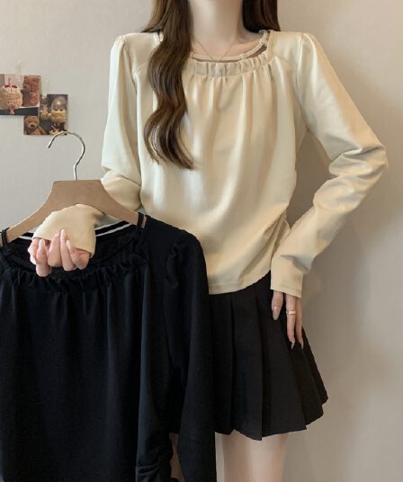 라운드 넥 긍정적 인 어깨 긴팔 티셔츠 여성 달콤한 핫걸 주름 허리 수축 몸매 가꾸기 디자인 센스 Chic 홀로우 아웃 펌프 로프 맨위