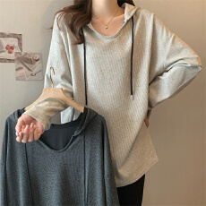 批发<b class='q'>大码</b>长袖连帽V领条纹肌理感春秋新款胖mm遮肚子显瘦藏肉卫衣<b class='q'>外套</b>
