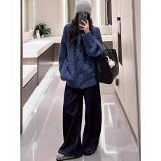 批发韩系针织衫<b class='q'>外套</b>女2025秋冬新款长袖上衣中长款蓝色宽松加厚毛衣潮