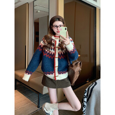 费尔岛毛衣外套女2025新款冬季加厚提花慵懒牛角扣针织开衫上衣潮