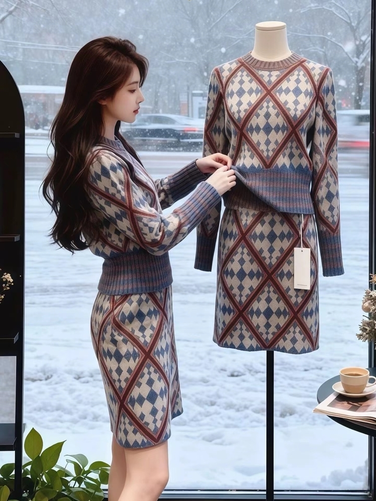MY15473# 小个子穿搭一整套装新款辣妹格纹软糯针织衫毛衣半身裙两件套...