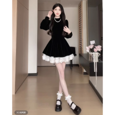 批发松本丧丧公主丝绒小黑裙气质收腰显瘦撞色拼接<b class='q'>连衣裙</b>A字短裙