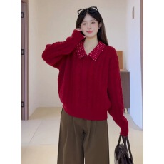 批发圣诞红色假两件波点毛衣女秋冬polo领长袖针织衫新年红色内搭<b class='q'>上衣</b>