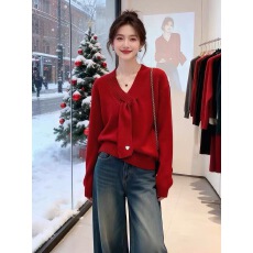 批发法式甜美风V领系带长袖针织衫女2026年冬装新款气质<b class='q'>宽松</b>减龄<b class='q'>毛衣</b>