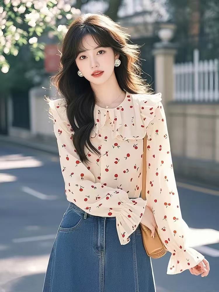 프랑스식 고급 센스 Chic 아름다운 품격 맨위 꽃무늬 여성 셔츠 봄 연령 감소 슈퍼 잘 생긴 ~ 중 셔츠 여성