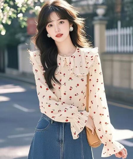프랑스식 고급 센스 Chic 아름다운 품격 맨위 꽃무늬 여성 셔츠 봄 연령 감소 슈퍼 잘 생긴 ~ 중 셔츠 여성