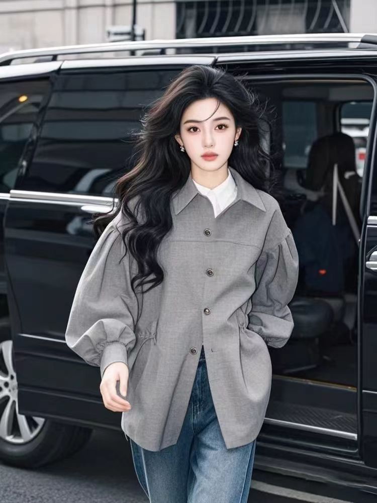 2026 년 봄 새로운 고유 한 슈퍼 잘 생긴 다용도 캐주얼 느긋한 바람 회색 폴로 칼라 긴팔 셔츠 여성 코트