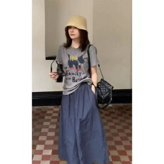 批发2026夏季新款<b class='q'>棉麻</b>水溶印花短袖T恤上衣加宽松显瘦松紧腰半裙套装