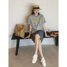 批发夏季韩系穿搭一整套独特漂亮灰色短袖t恤蓝色短裙<b class='q'>两件</b>套装女夏