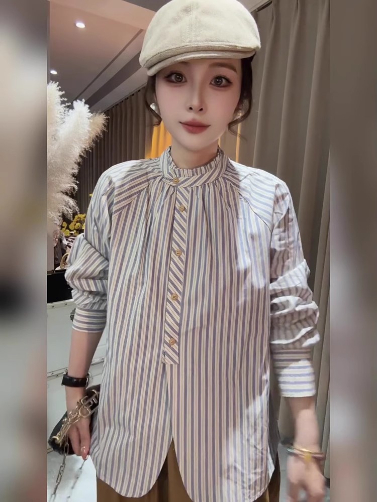가을 새로운 한 부서 스트라이프 품격 스탠드 칼라 반하이넥 긴팔 셔츠 여성 맨위 여성 외국 가스 Chic 셔츠