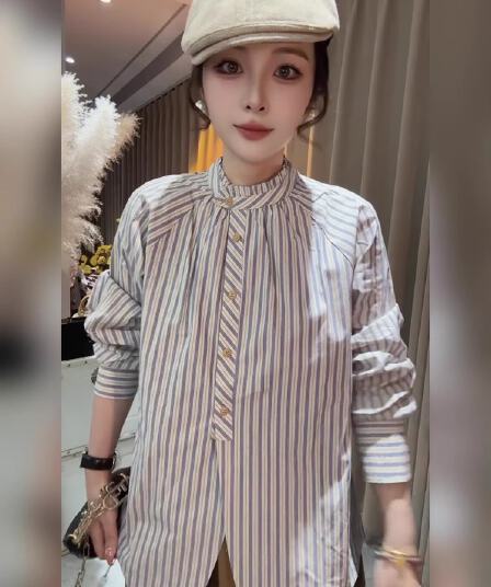 가을 새로운 한 부서 스트라이프 품격 스탠드 칼라 반하이넥 긴팔 셔츠 여성 맨위 여성 외국 가스 Chic 셔츠