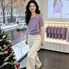 批发2026夏季新款独特漂亮针织小衫宽松显瘦多巴胺紫色镂空短袖上衣女