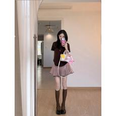 批发温柔风套装咖色正肩短袖T恤女装夏季波点半身裙网纱<b class='q'>蓬蓬</b>裙两件套