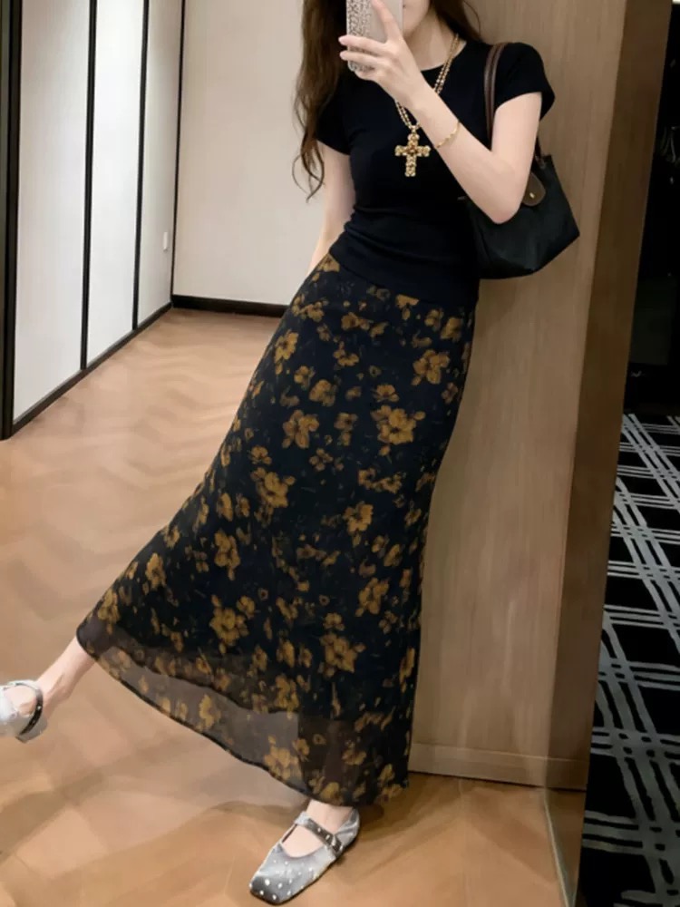 2026 새로운 빛 요리 한 바람 세트 치마 고유 한 봄 여름 여성 품격 슈퍼 잘 생긴 고급 센스 자매 부서 꽃무늬 롱 스커트