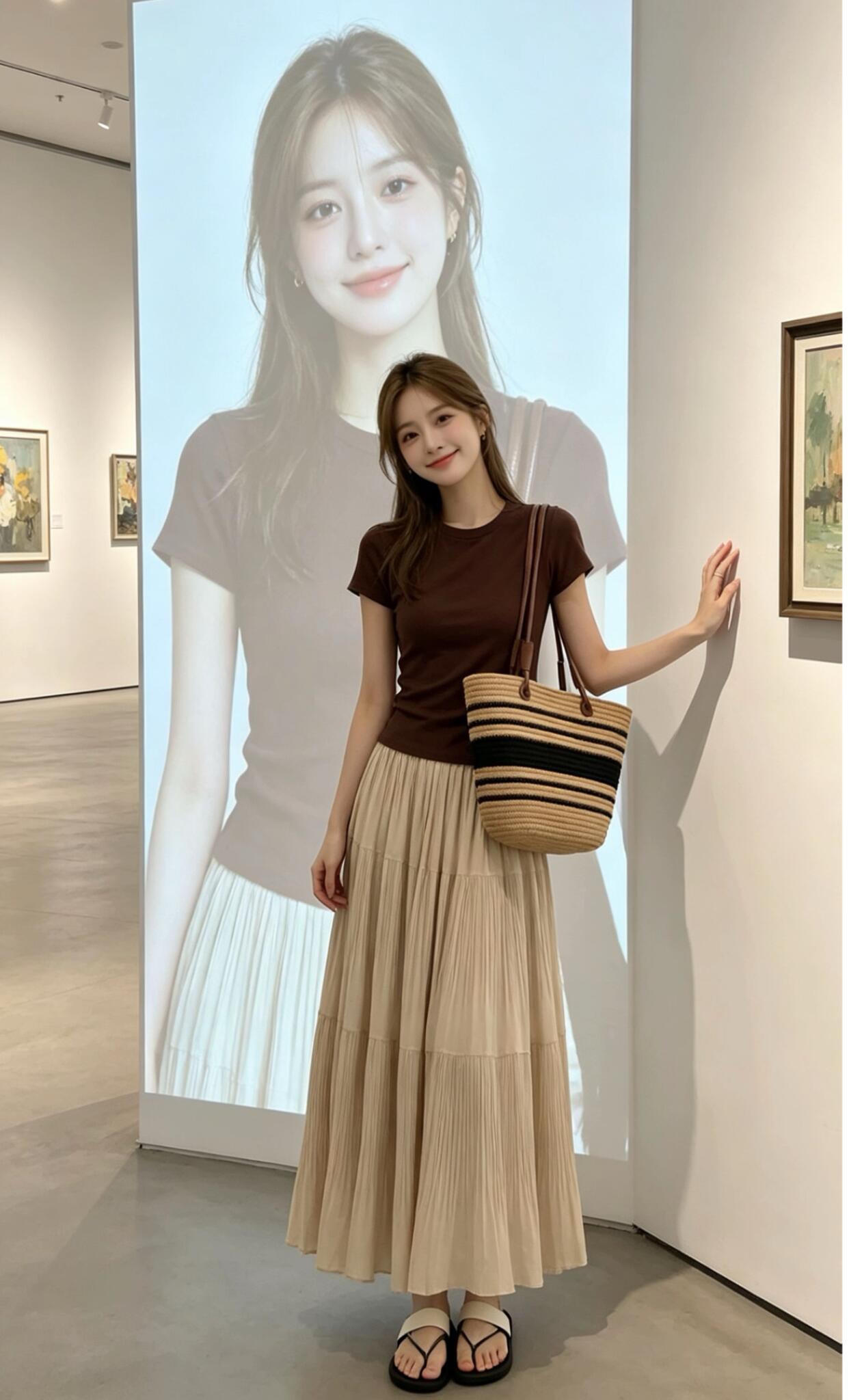 로얄 자매 빛 요리 한 바람 세트 여성 여름 새로운 커피 색상 반팔 니트 스웨터 플리츠 반신 롱 스커트 슬림해 보이는 투피스 세트
