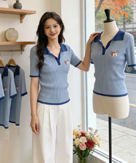 한 부서 달콤한 매운맛 바람 배색 폴로 칼라 품격 반팔 니트 스웨터 여성 2026 여름 새로운 작은 대중 다용도 맨위 트렌디