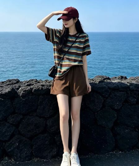 항구 바람 느긋한 바람 캐주얼 스포츠 슈트 여성 여름 레트로 스트라이프 반팔 티셔츠 넓은 다리가 짧다. 바지 얇은 스타일 투피스 세트