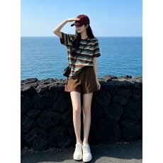 批发港风慵懒风休闲运动套装<b class='q'>女</b>夏复古条纹短袖T恤阔腿<b class='q'>短裤</b>薄款两件套