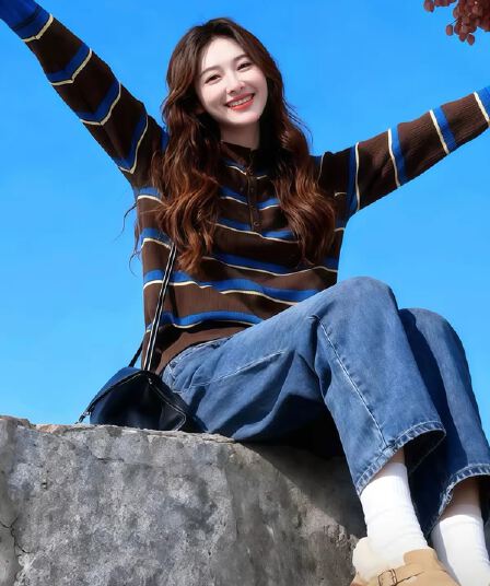 커피 색상 스트라이프 배색 반하이넥 루즈핏 니트 스웨터 2026 조기 가을 아름다움 라드. 바람 다용도 이른 가을 맨위 여성