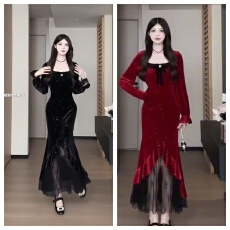 批发松本丧丧法式赫本风黑色丝绒<b class='q'>连衣裙</b>女方领鱼尾长裙显瘦气质名媛裙