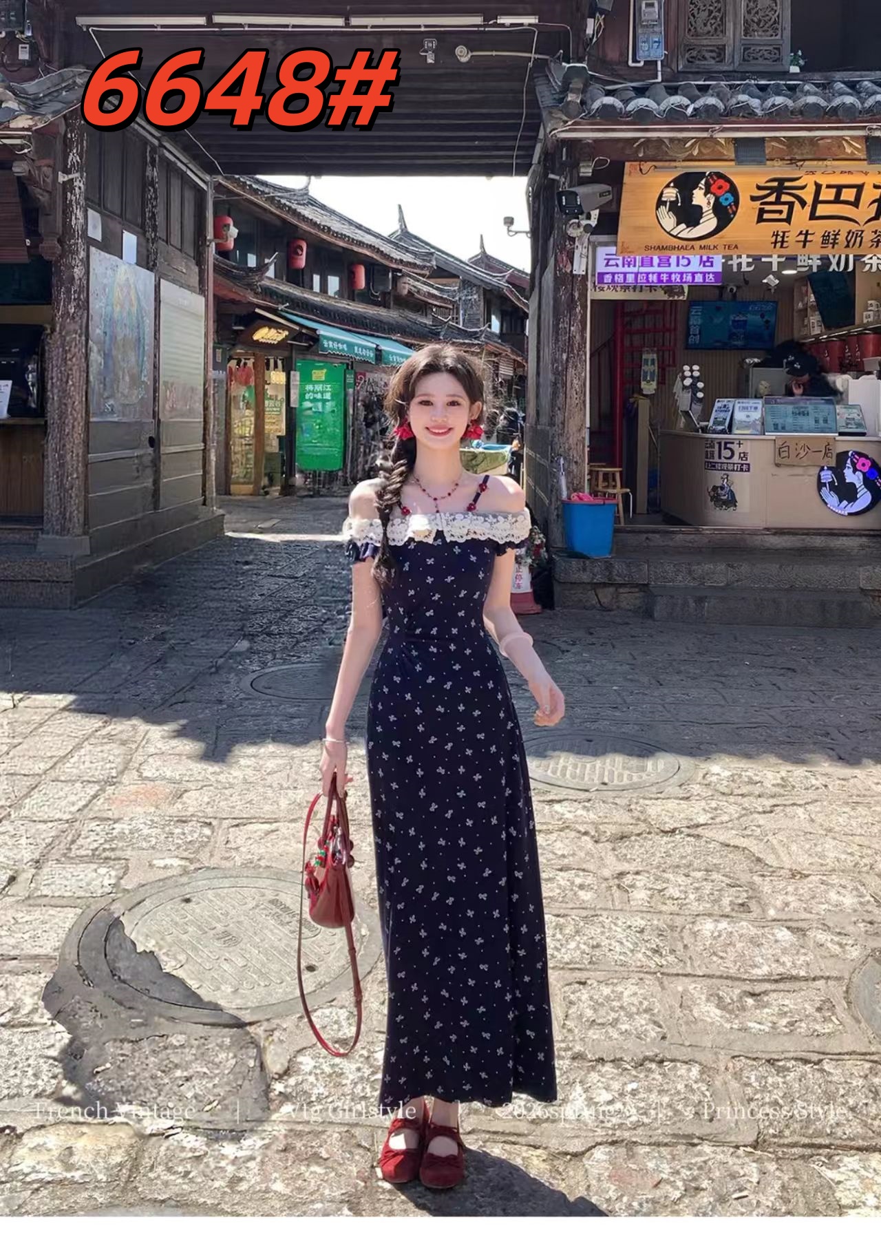 여름 스타일 프랑스식 디자인 센스 연령 감소 프릴 보트넥 니트 꽃무늬 여성 드레스