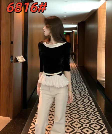 무지 리징 란 알고있다. 부드러운 디자인 센스 폴로 칼라 벨벳 패치워크 꽃밭 진자 맨위 부츠컷 긴 바지 세트