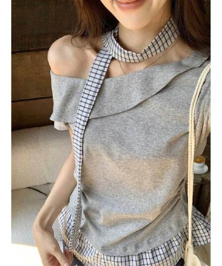 있음 선적 40 사람들 면 불규칙 오프숄더 반팔 티셔츠 여성 여름 체크무늬 패치워크 슬림해 보이는 비스듬한 어깨 의류