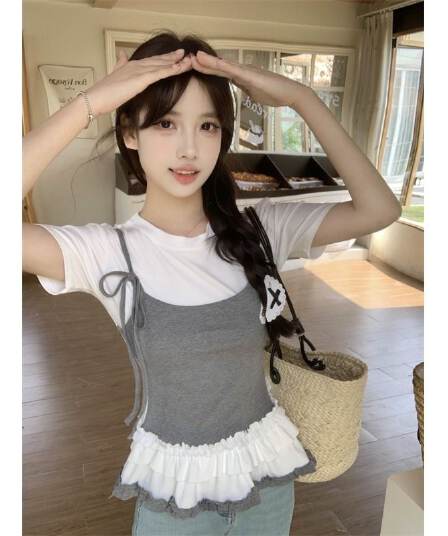 있음 선적 사람들 면 페이크 레이어드 슬립 반팔 티셔츠 여성 여름 지방 mm 슬림해 보이는 동정 달콤한 매운맛 맨위