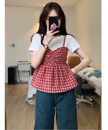 있음 선적 원본 대나무 마디 면 레트로 체크무늬 페이크 레이어드 반팔 티셔츠 여성 여름 슬림해 보이는 슬립 패치워크 맨위