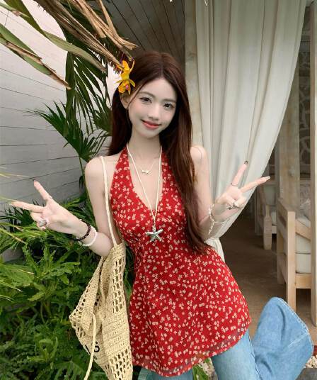 있음 선적 있음 네리 지퍼 레트로 꽃무늬 V넥 행침 목 캐미솔 여름 품격 슬림해 보이는 맨위