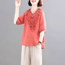 批发夏季新款重工刺绣棉麻V领T恤女文艺气质百搭欧根纱拼接五分<b class='q'>袖</b><b class='q'>上衣</b>