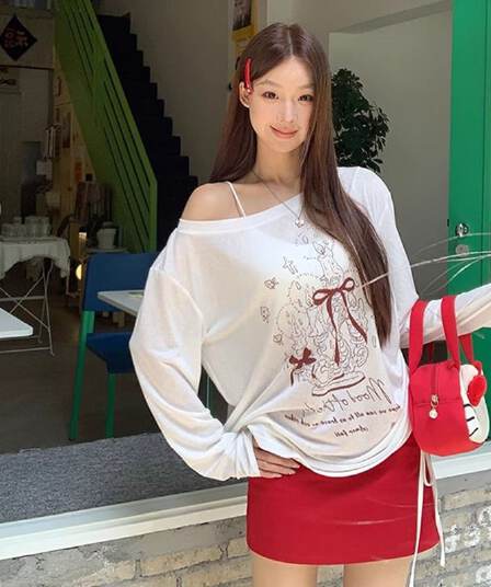 있음 선적 경관 그림 원본 품질 여름 착용 가져 가라. 긴팔 티셔츠 화이트 오프숄더 비스듬한 어깨 의류