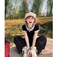 40支精棉螺纹韩系学院风花边波点正肩短袖t恤女夏修身上衣