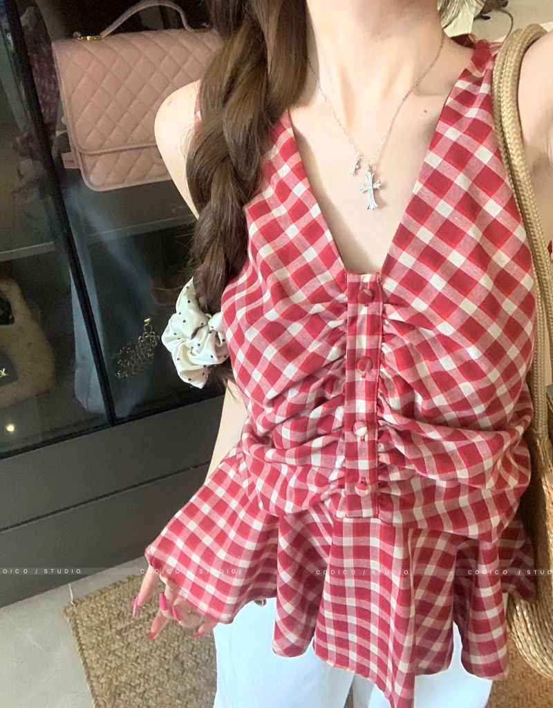 있음 선적 순면 셔틀 직물 레트로 V넥 빨간색 체크무늬 조끼 여성 여름 주름 단추 민소매 맨위
