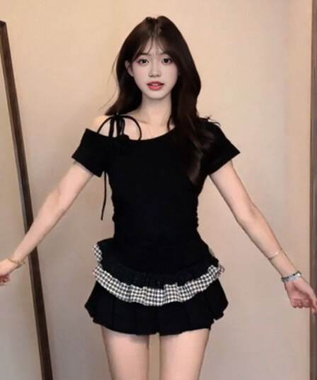 있음 선적 40 사람들 면 패치워크 체크무늬 반팔 티셔츠 여름 한 부서 핫걸 몸매 가꾸기 슬림해 보이는 비스듬한 어깨 의류