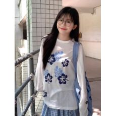 批发白色花卉印花<b class='q'>长袖</b>防晒T恤罩衫女夏季宽松慵懒风薄款透气圆领上衣