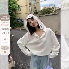 批发宋正恩白色蕾丝拼接防晒长袖t恤女装早春新款连帽宽松设计感上衣