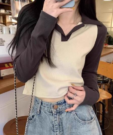 40 1 1 리브 면 한국 스타일 배색 POLO 칼라 긴팔 티셔츠 여성 가을 새로운 인터넷 유명인 몸매 가꾸기 캐주얼 맨위