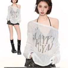 批发原版面料斜肩露肩防晒<b class='q'>罩衫</b>冰丝空调衫微透长袖t恤上衣