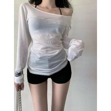 批发官图 性感露肩长袖防晒T恤女薄款纯欲修身字母印花上衣