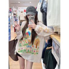 批发原版彩虹麻慵懒风涂鸦印花宽松薄款长袖T恤女春季上衣防晒罩衫