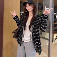 批发雪花棉韩系条纹长袖连帽开衫外套春季宽松薄款<b class='q'>防晒衫</b>上衣女
