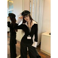 批发好品质假两件拼接<b class='q'>翻领</b>针织衫女秋季设计感收腰修身百搭上衣