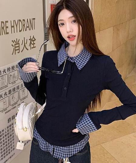 원본 사람들 면 블루 POLO 칼라 페이크 레이어드 기본 셔츠 여성 인사이드 가져 가라. 디자인 센스 패션 몸매 가꾸기 맨위