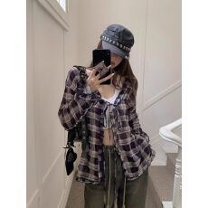 批发官图<b class='q'>外贸</b>原版面料早春撞色格子<b class='q'>衬衫</b>长袖无领系带花边<b class='q'>衬衣</b>