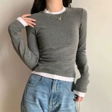 批发原版质量外贸新款假两件修身长袖<b class='q'>T</b><b class='q'>恤</b>女装圆领套头上衣